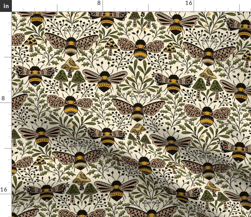 Medium Scale Bee Kingdom, nature green, pollinators bumblebee mushroom and botanical