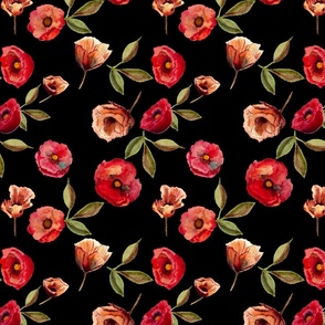 Wild red roses on black floral