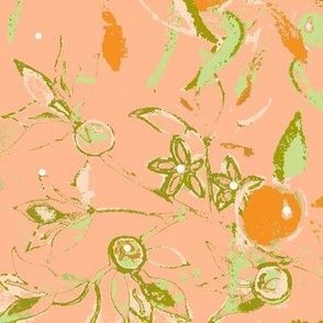 Hand Drawn & Painted Botanical Citrus Tree  - Peach, Sage Green