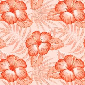 Tropical leaves and hibiscus flowers - orange