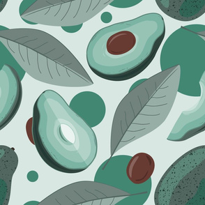 Avocado seamless pattern. Fruit and leaves avocado with green circles background.