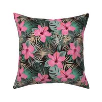 Tropical palm leaves and hibiscus flower