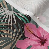 Tropical palm leaves and hibiscus flower