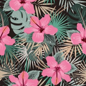 Tropical palm leaves and hibiscus flower