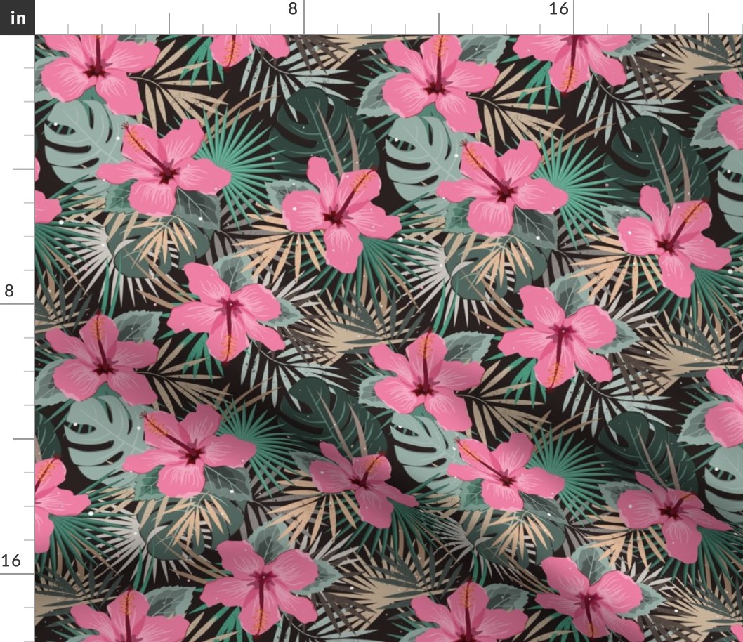 Tropical palm leaves and hibiscus flower