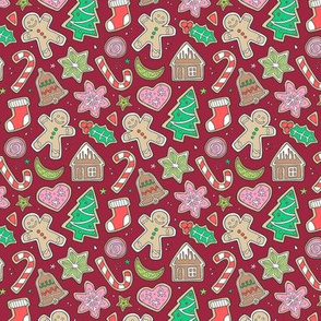 Christmas Xmas Holiday Gingerbread Man Cookies Winter Candy Treats Pink on Dark Red Smaller