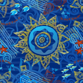 Dark blue sea life pattern with fish. 