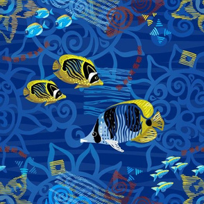 Dark blue sea life pattern with tropical  fish.