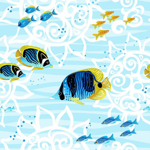 Light blue sea life pattern with tropical fish.