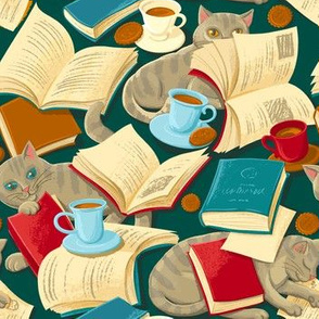 Books and cats (on deep green)