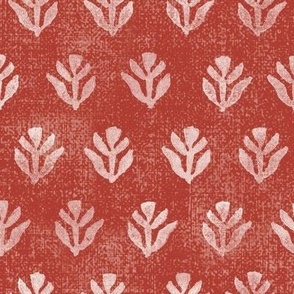 Bali Block Print Leaf, Warm White on Red Sand (xl scale) | Hand block printed leaves pattern on vintage terracotta linen texture, burnt sienna batik, rustic block print fabric, natural decor, plant fabric in copper red, red ochre.