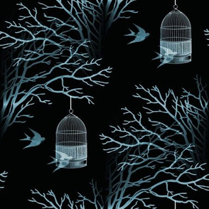 branches blue on black background birdcage swallows seamless
