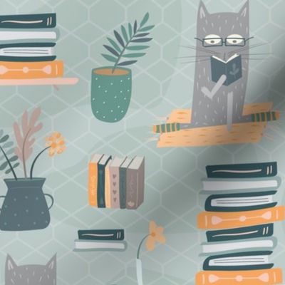 Cozy Cats Reading - Teal