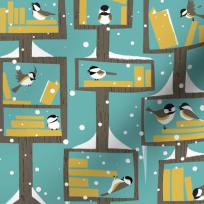 Little Library Chickadees Winter, Blue and Gold, Larger