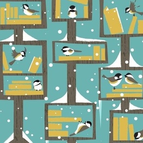 Little Library Chickadees Winter, Blue and Gold, Larger