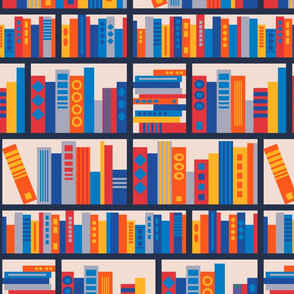 Back To School Library Book Stacks in Geometric Mondrian Postmodern Colours Red Yellow Blue Gray Black - UnBlink Studio by Jackie Tahara