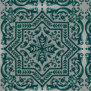 Hand-drawn Tiles green ornaments with grey texture background