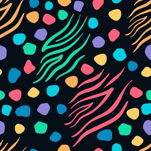 Colorful spots and zebra strips on black 