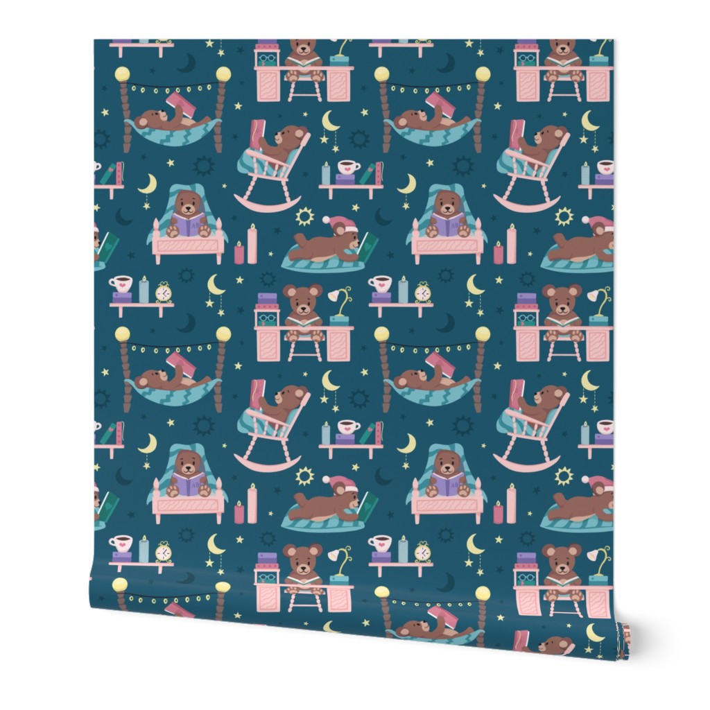 Cute Cozy Brown Bears Reading in Pink Beds at Night - Blue - Medium Scale