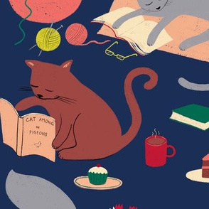 Cosy cats reading - navy - large scale