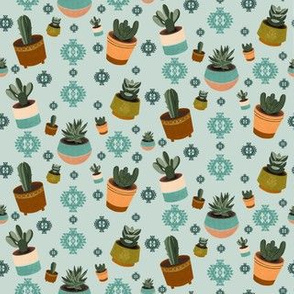 Mid Century Modern Succulents and Cacti Pattern in Blue