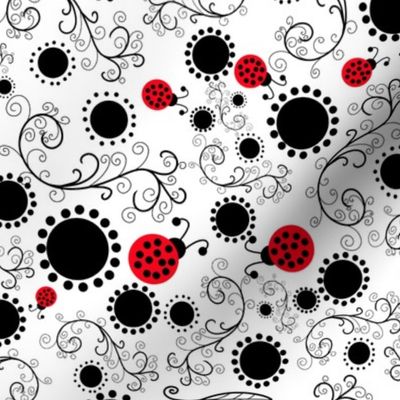 Ladybugs on black and white floral background 