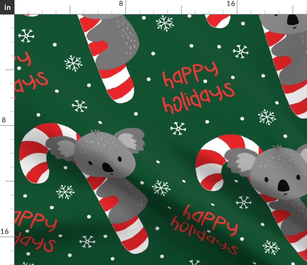 Koala and Candy Cane Happy Holidays on dark Green-large scale