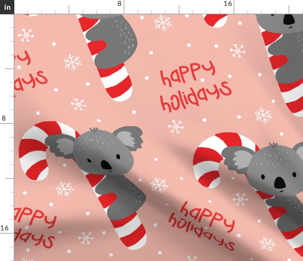 Koala and Candy Cane Happy Holidays on Dusty Pink-large scale