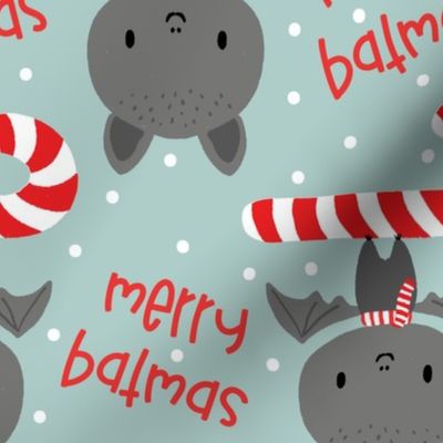 Merry Batmas_ Cute Bat with Candy Cane on Blue-large scale