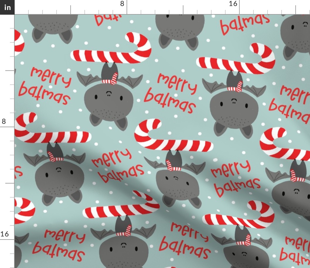 Merry Batmas_ Cute Bat with Candy Cane on Blue-large scale