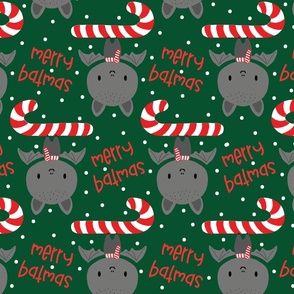 Merry Batmas_ Cute Bat with Candy Cane on Dark green-large scale