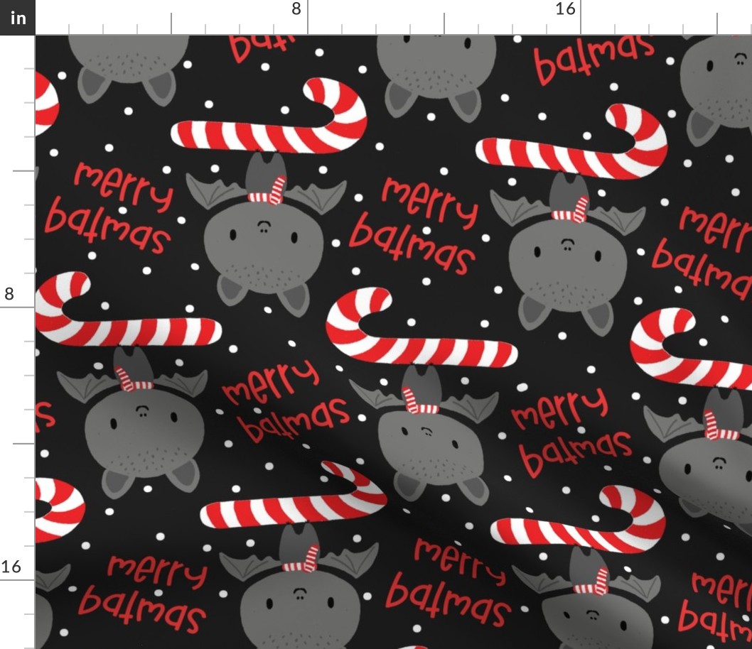 Merry Batmas- Cute Bat with Candy Cane on Darkest grey-large scale