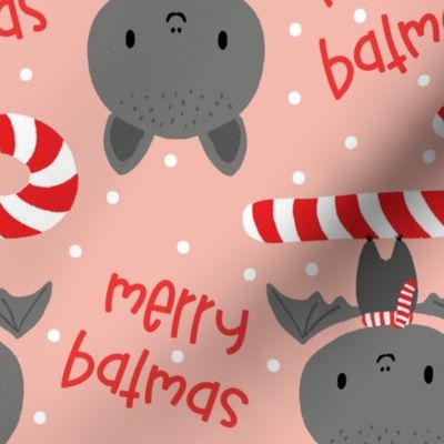 Merry Batmas_ Cute Bat with Candy Cane on Dusty Pink-large scale