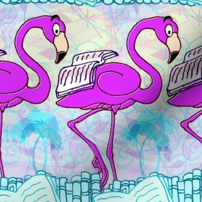 Flamingo Book Club Literary Flamingos --  in Book Ocean with Palms -- Hot pink, blue tones -- Large Scale