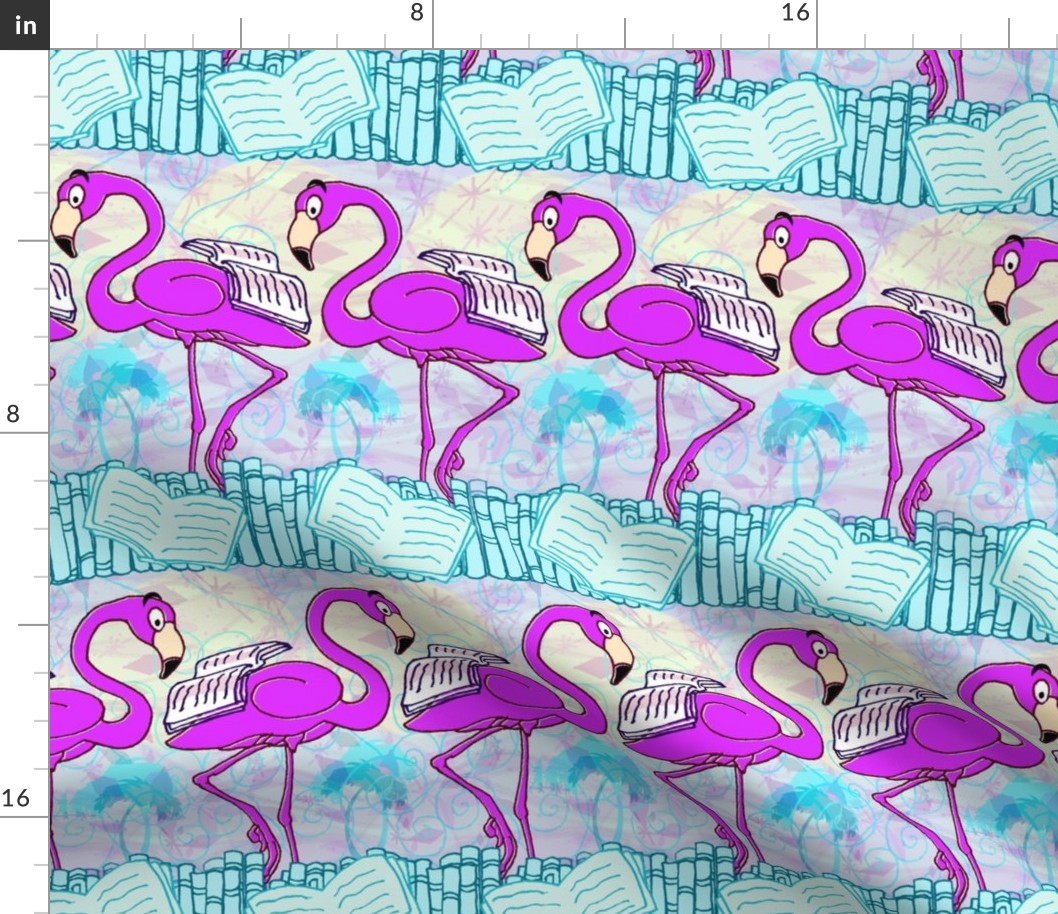 Flamingo Book Club Literary Flamingos --  in Book Ocean with Palms -- Hot pink, blue tones -- Large Scale