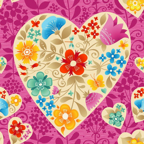 Bright Floral Hearts on pink background