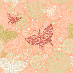 Pink light pattern with butterflies and hearts. 