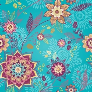 Floral turquoise pattern with flowers and leaves.