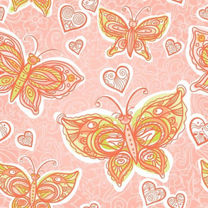 Pink light pattern with lacy butterflies and hearts. 