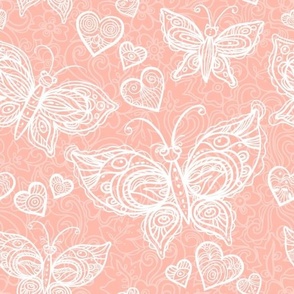 Pink light pattern with lacy butterflies and hearts. 