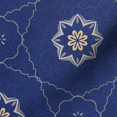 Blue Flowers and Geometry Arabic Pattern