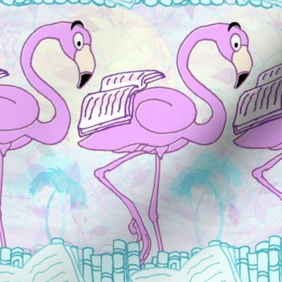 Flamingo Book Club Literary Flamingos --  in Book Ocean with Palms -- Pastel Tones -- Large Scale