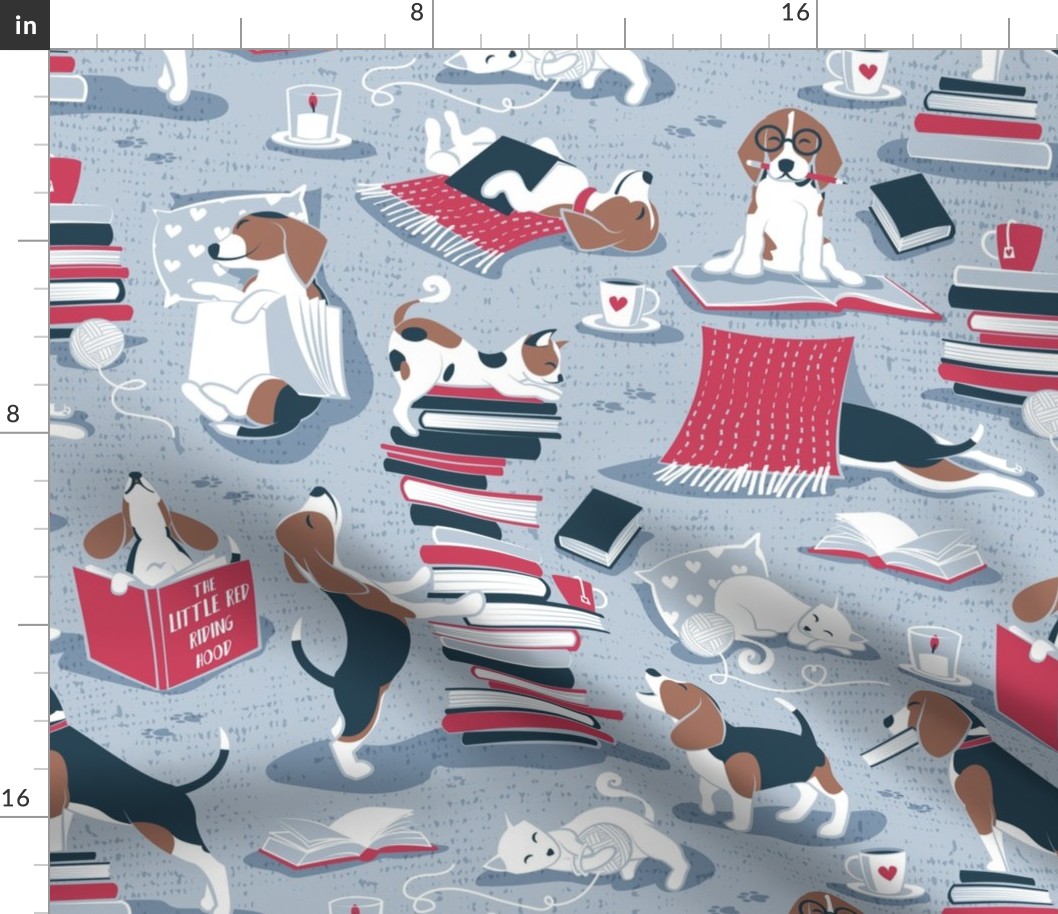 Normal scale // Life is better with books a hot drink and a friend // blue background brown white and blue beagles and cats and red cozy details