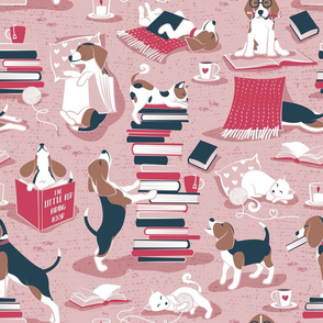 Normal scale // Life is better with books a hot drink and a friend // pink background brown white and blue beagles and cats and red cozy details