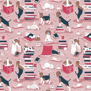 Tiny scale // Life is better with books a hot drink and a friend // pink background brown white and blue beagles and cats and red cozy details