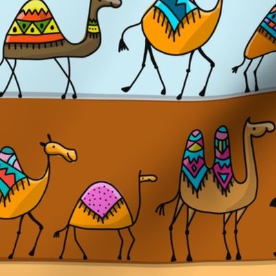     Camels caravan pattern, cute sketch, childish style.