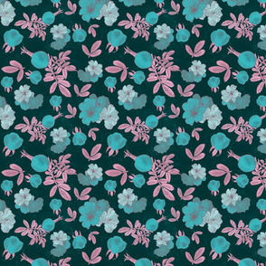 Roses and Rose Hips Roses and Rose Hips -  Turquoise and Pink, Dark Vintage Background