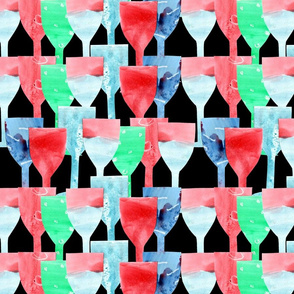 Paper collage of wine glasses on a black background.
