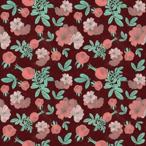 Roses and Rose Hips  - Red and Green, Red Vintage  Background