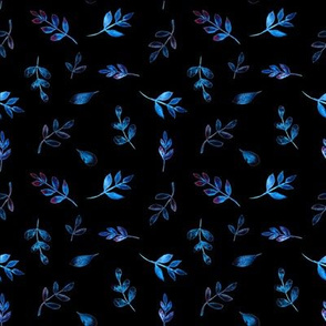 Blue watercolor  leaves pattern. Cute winter floral illustration.